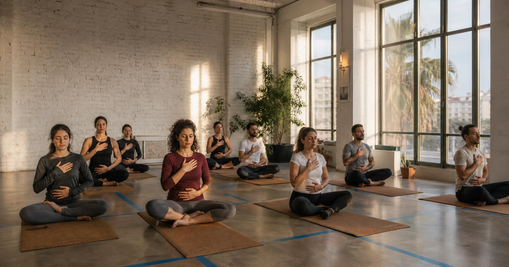Adults practising seated breathwork in a sunlit Izmir yoga loft