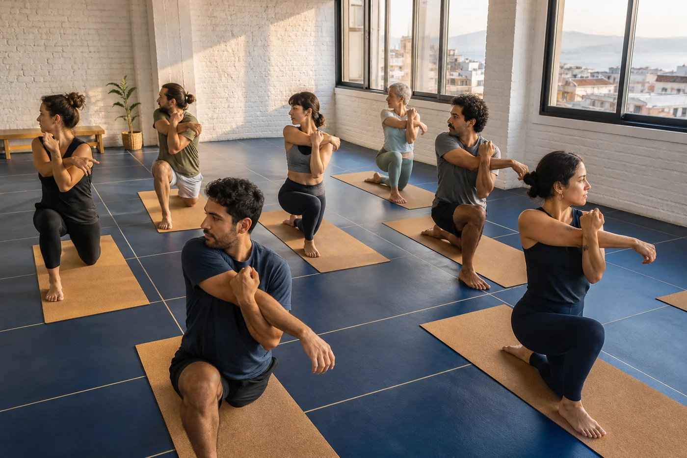 Adults practising shoulder mobility in an Izmir yoga loft
