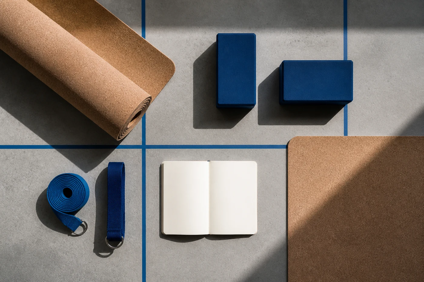 Cork yoga mats blue blocks straps and blank notebook on a studio grid